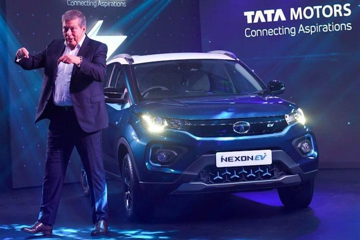 Guenter Butschek, CEO and Managing Director of Tata Motors Worldwide, gestures during the launch of the Tata Nexon EV electric car, in Mumbai on January 28, 2020