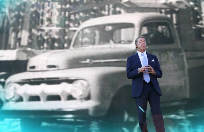 Bill Ford Jr., executive chairman of Ford Motor Company, speaks at Shelby Farms as they celebrate their announced $5.6 billion investment to create an industrial campus about 50 miles northeast of Memphis to produce electric trucks and electric vehicle batteries.