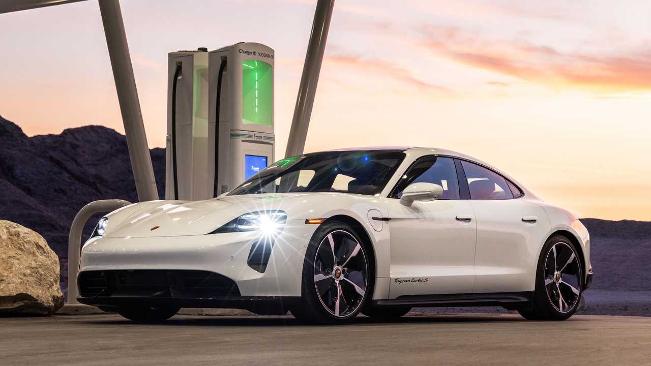 Porsche Taycan at a Electrify America fast charging station