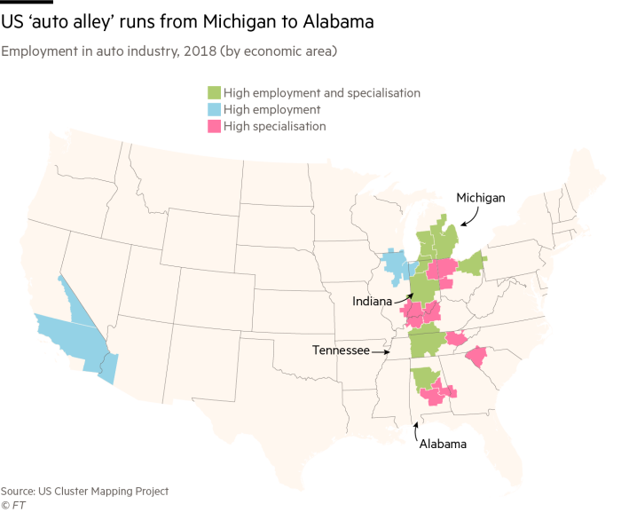 Map showing that the US auto industry tends to cluster in certain regions title tweaked per Gregory Meyer: US ‘auto alley’ runs from Michigan to Alabama 