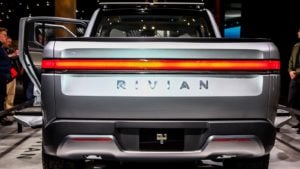The back of a silver Rivian (RIVN) pick-up truck.