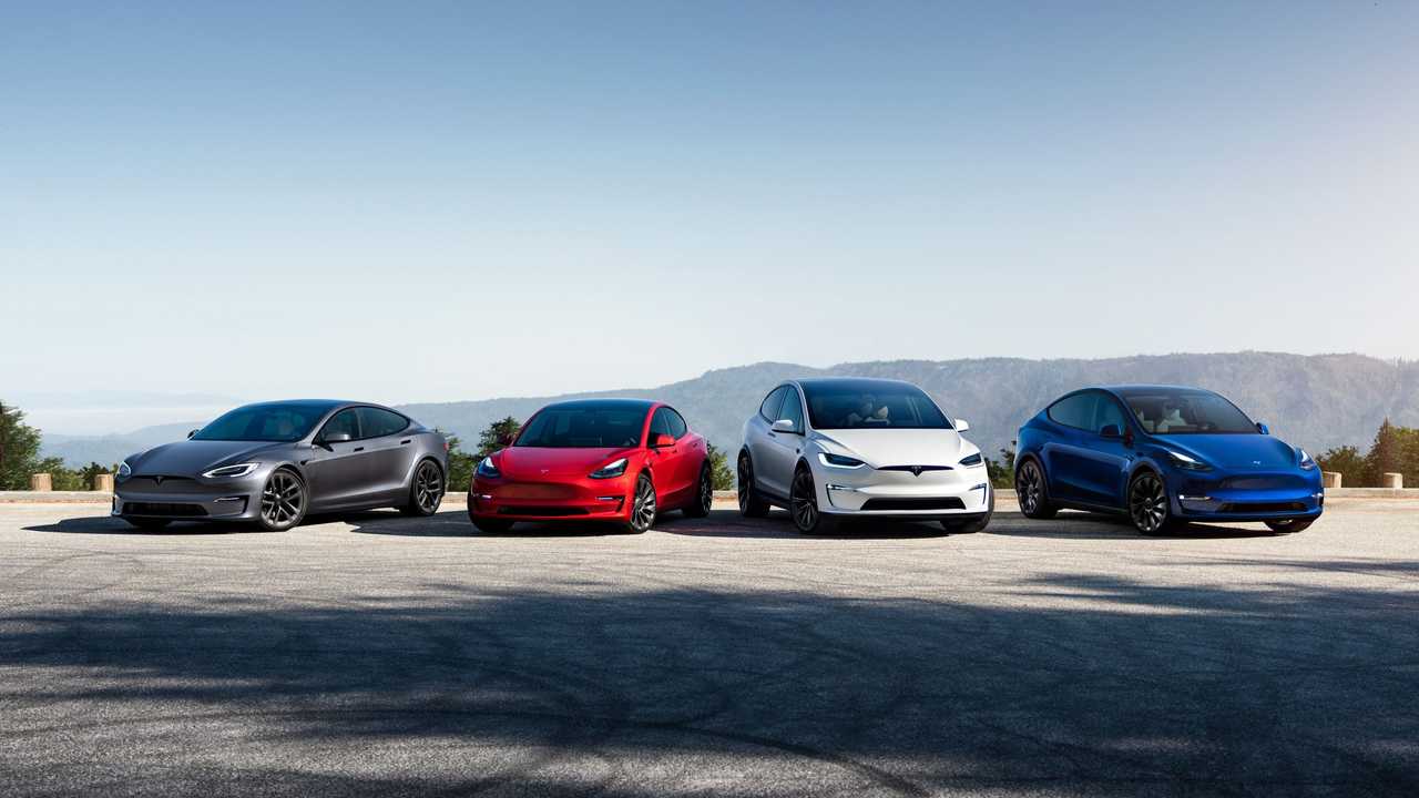 from left: Tesla Model S, Tesla Model 3, Tesla Model X and Tesla Model Y